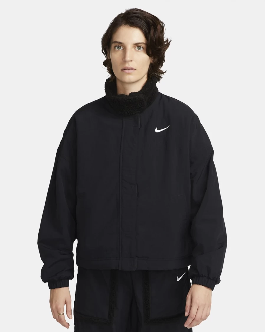 Nike Women's Fleece-Lined Woven Jacket - Black & White Sportswear Essential