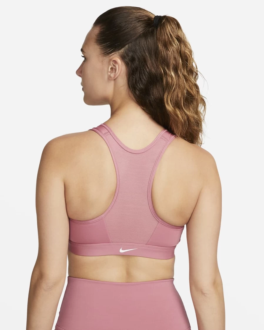 Nike Women's Desert Berry/White Medium-Support Padded Zip-Front Sports Bra with Swoosh Design