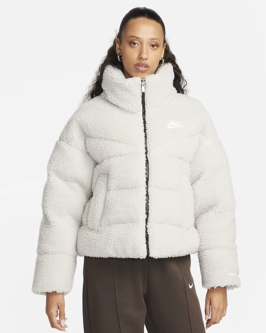 Nike Therma-FIT Women's Light Bone Black White Fleece Jacket - Winter Warm Synthetic Fill Coat