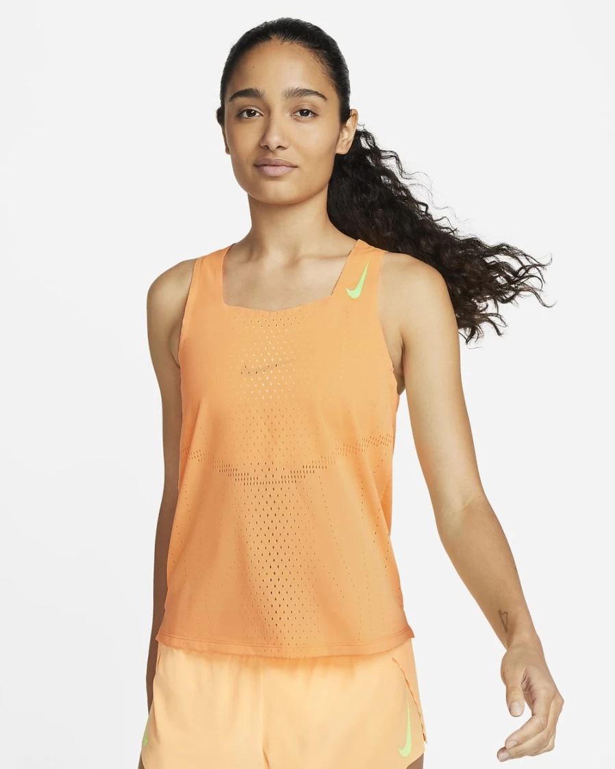 Nike Dri-FIT ADV AeroSwift Women's Running Singlet - Peach Cream & Ghost Green - Moisture-Wicking Performance Top