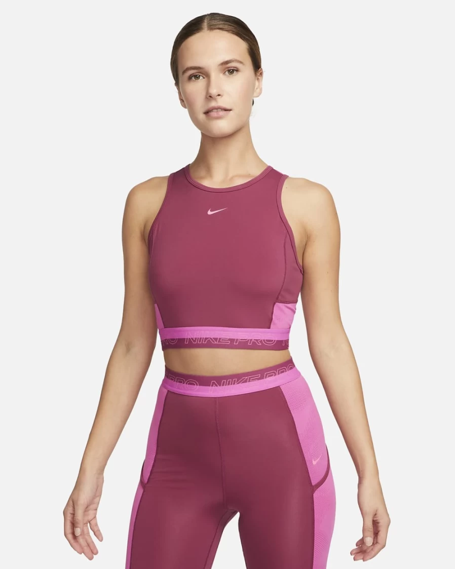 Nike Women's Pro Dri-FIT Cropped Workout Tank Top - Rosewood/Active Fuchsia/Pinksicle, Moisture-Wicking Fitness Shirt for Training