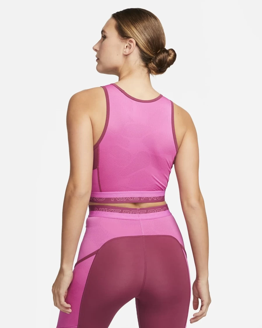 Nike Women's Pro Dri-FIT Cropped Workout Tank Top - Rosewood/Active Fuchsia/Pinksicle, Moisture-Wicking Fitness Shirt for Training