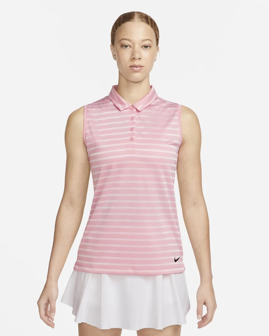 Nike Dri-FIT Victory Women's Golf Polo - Medium Soft Pink/Black Striped Sleeveless Top