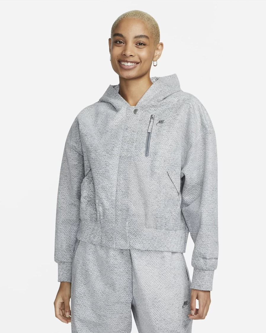 Nike Women's Forward Bomber Jacket Hooded Windbreaker in Smoke Grey/Heather/Light Smoke Grey/Cool Grey