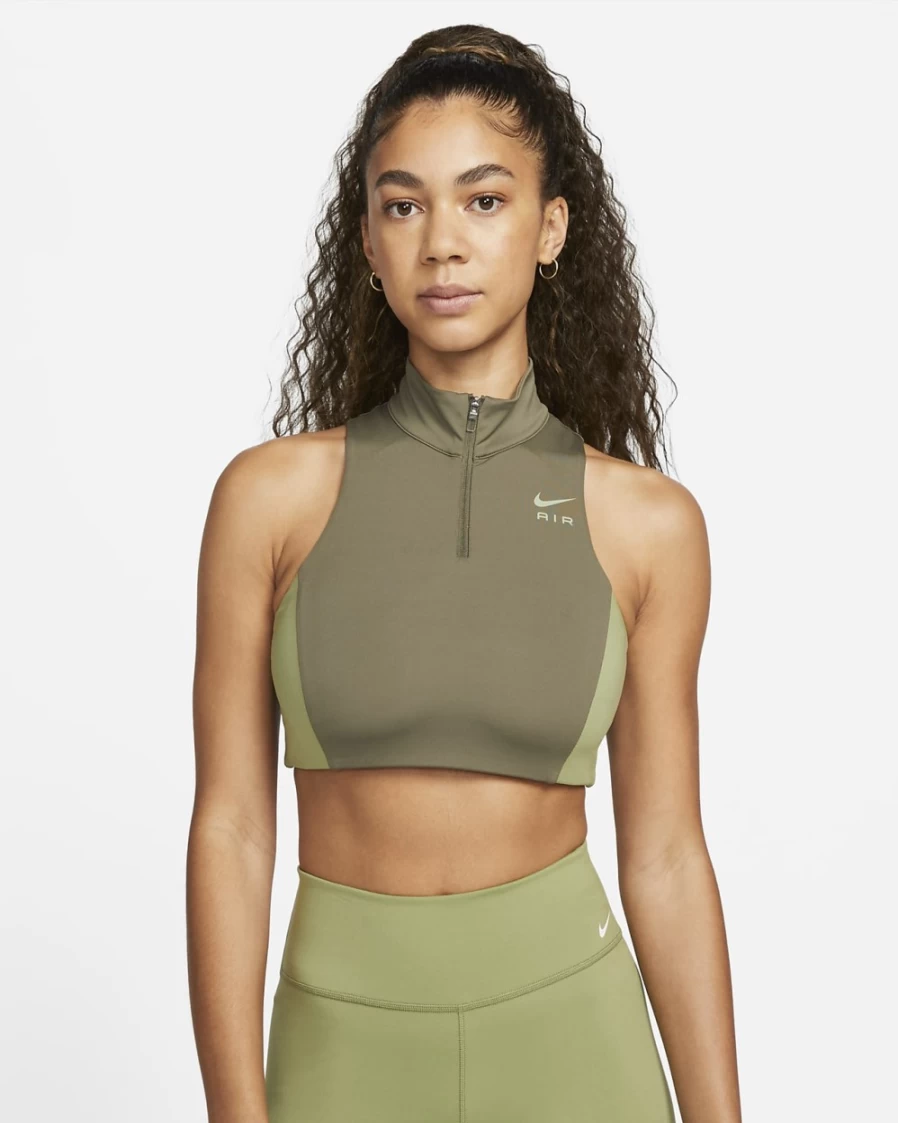 Nike Air Swoosh 1/2-Zip Medium-Support Sports Bra for Women - Medium Olive/Alligator Color