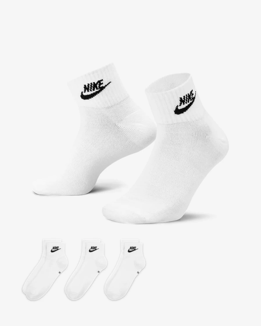 Nike White/Black Ankle Socks 3-Pack for Men & Women - Everyday Essential Athletic Socks