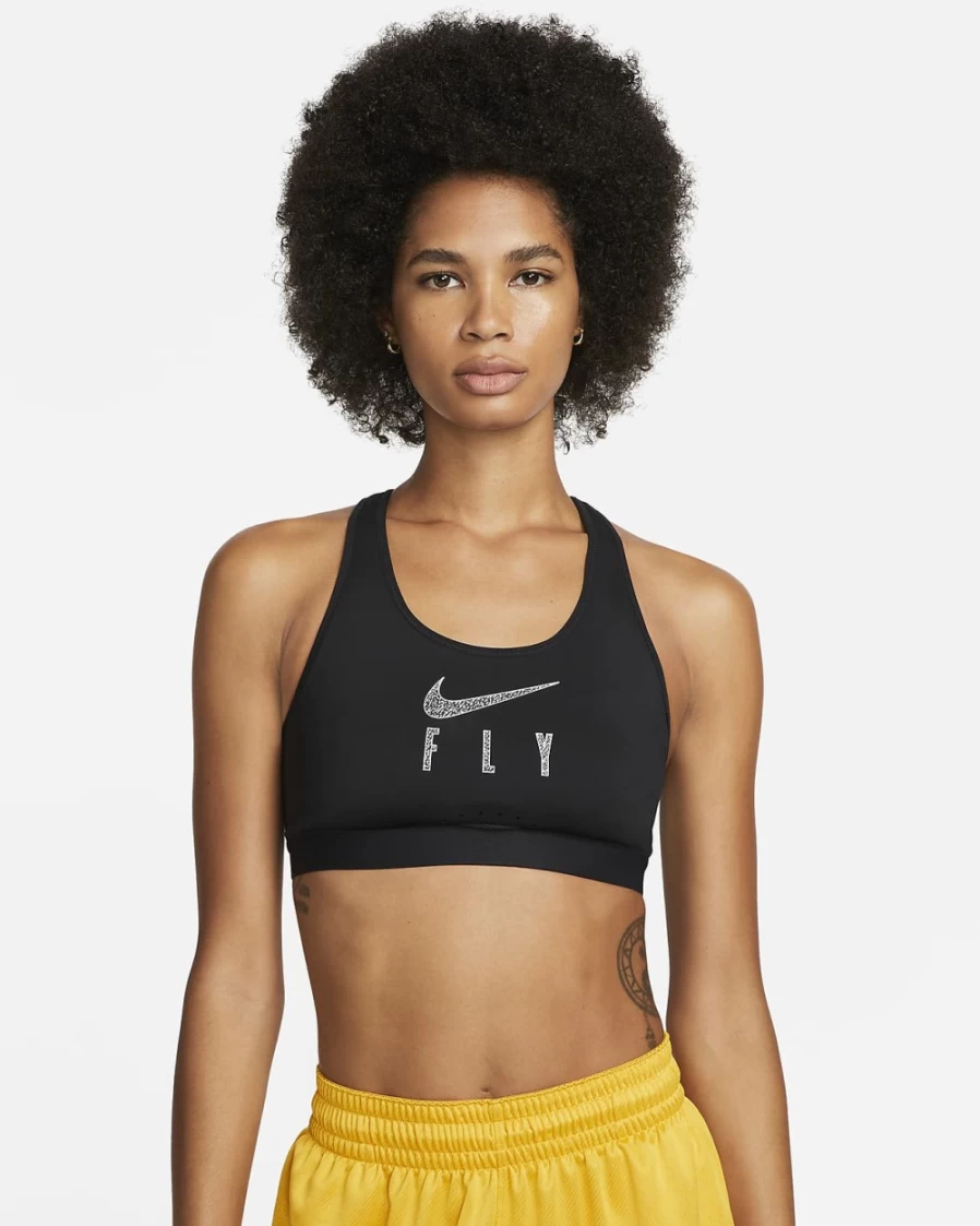 Nike Swoosh Fly Women's High-Support Sports Bra - Black/White Mesh Back, Non-Padded Workout Top