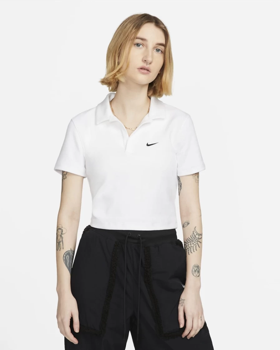 Nike Women's Essential Sportswear Polo Shirt - Short Sleeve Top in White & Black