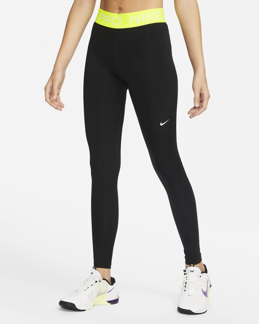 Nike Pro Women's Mid-Rise Mesh-Paneled Leggings - Black/Volt/White Training Tights for Workout & Running