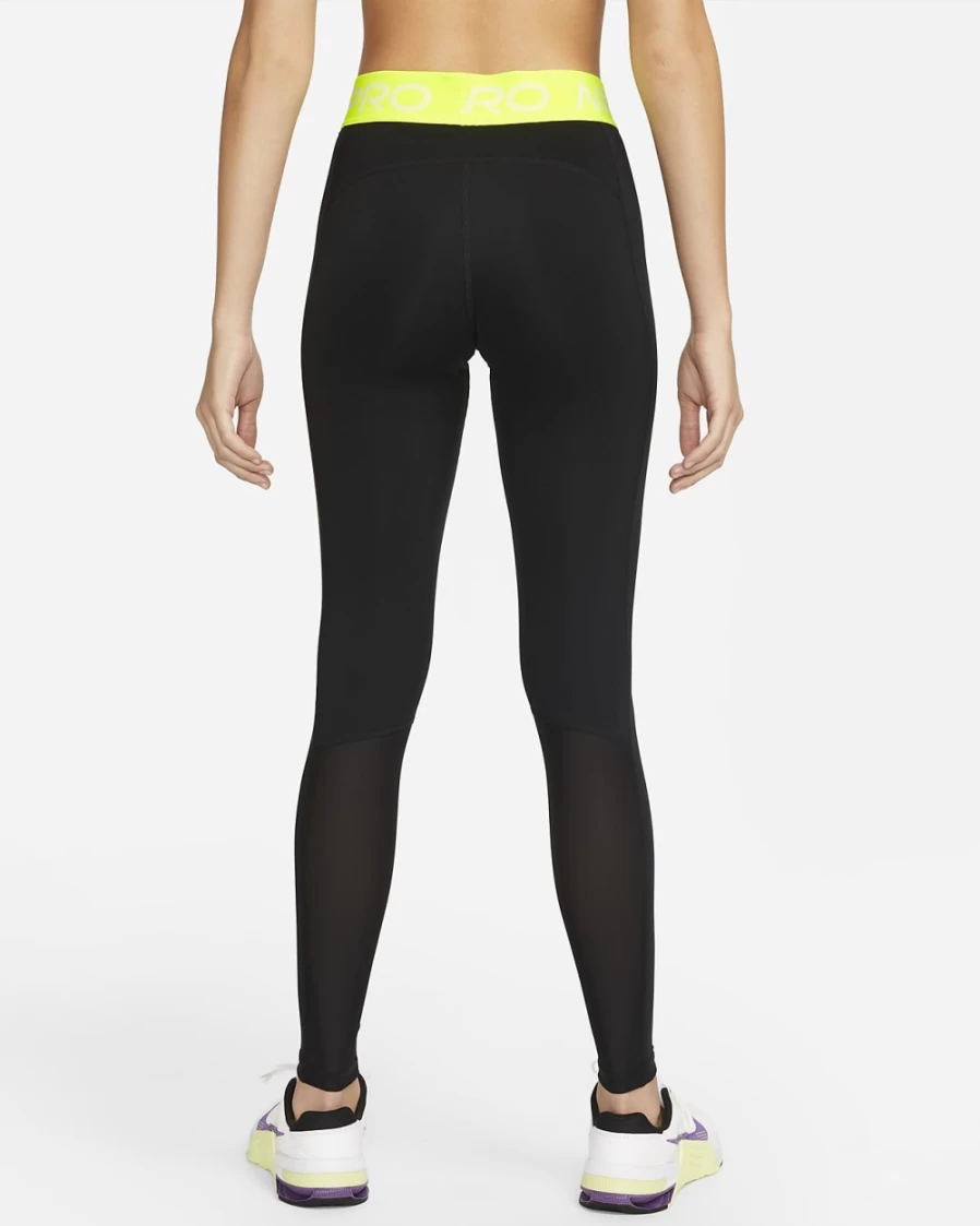 Nike Pro Women's Mid-Rise Mesh-Paneled Leggings - Black/Volt/White Training Tights for Workout & Running