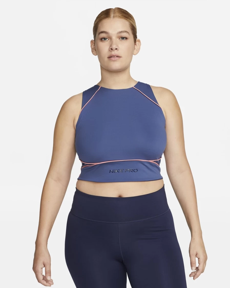 Nike Pro Dri-FIT Women's Cropped Workout Tank Top - Mystic Navy/Pink Gaze/Midnight Navy, Breathable Fitness Apparel for Training