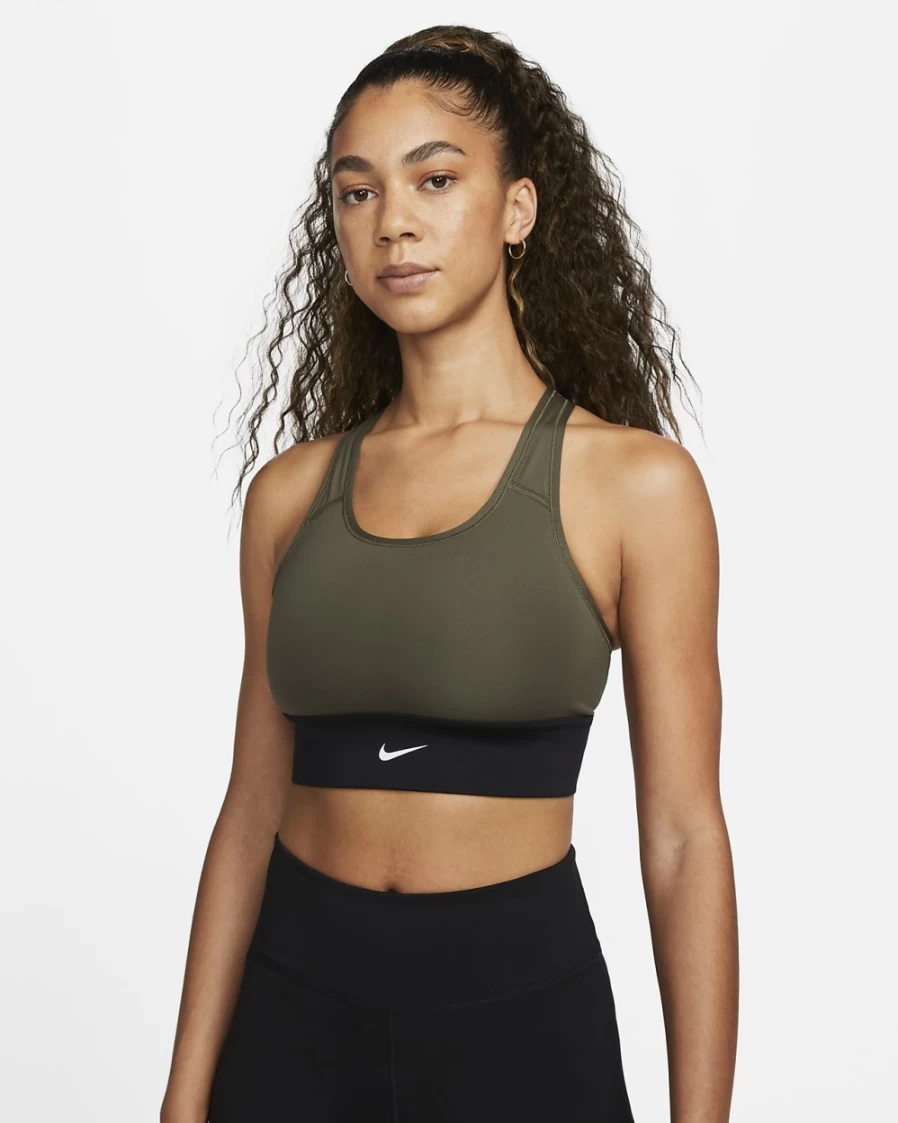 Nike Women's Medium-Support Longline Sports Bra with Padded Swoosh Design in Cargo Khaki, Black & White
