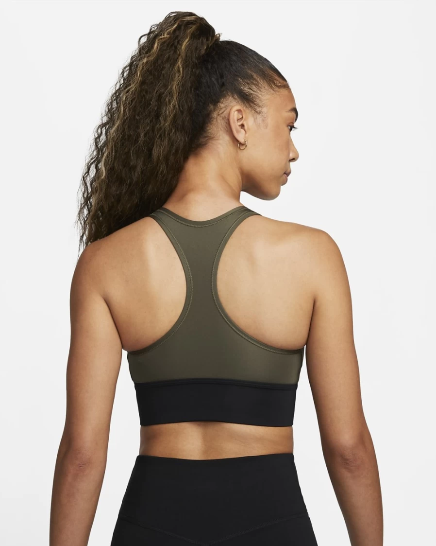 Nike Women's Medium-Support Longline Sports Bra with Padded Swoosh Design in Cargo Khaki, Black & White