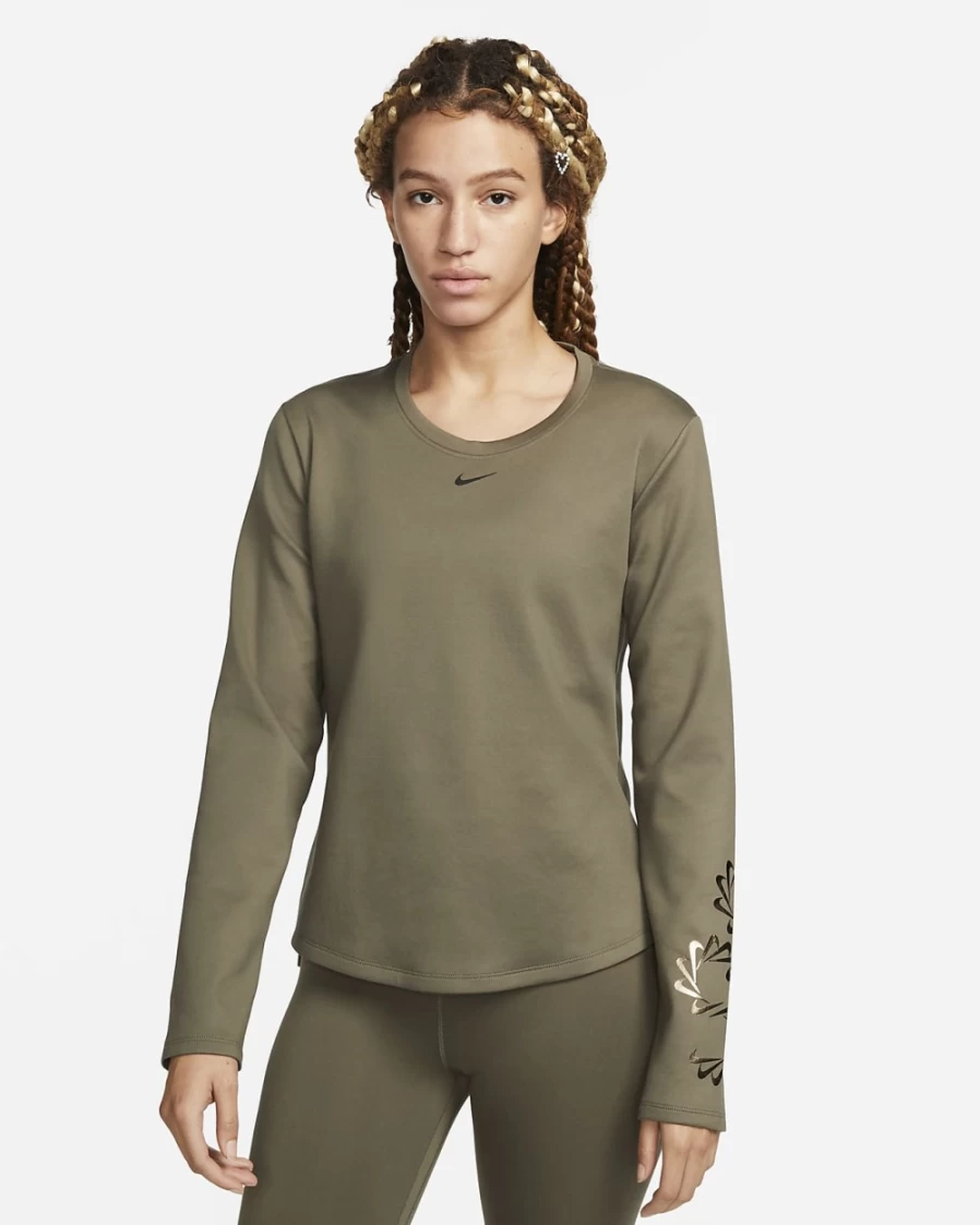 Nike Therma-FIT Women's Long-Sleeve Graphic Top - Medium Olive/Photon Dust/Black - Athletic Training Shirt