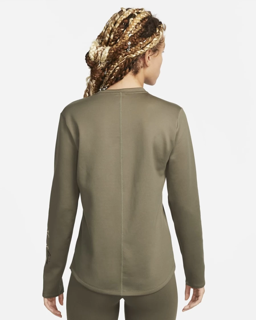 Nike Therma-FIT Women's Long-Sleeve Graphic Top - Medium Olive/Photon Dust/Black - Athletic Training Shirt