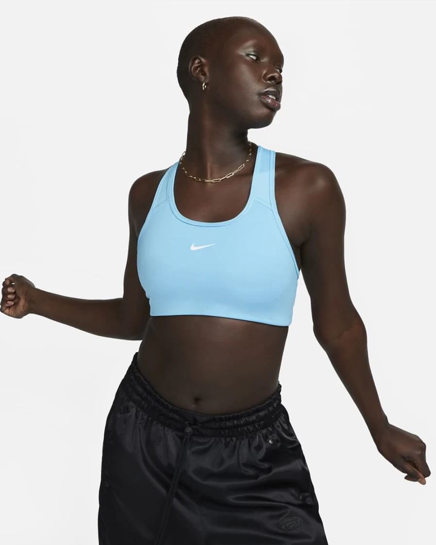 Nike Women's Baltic Blue/White Medium-Support Swoosh 1-Piece Padded Sports Bra