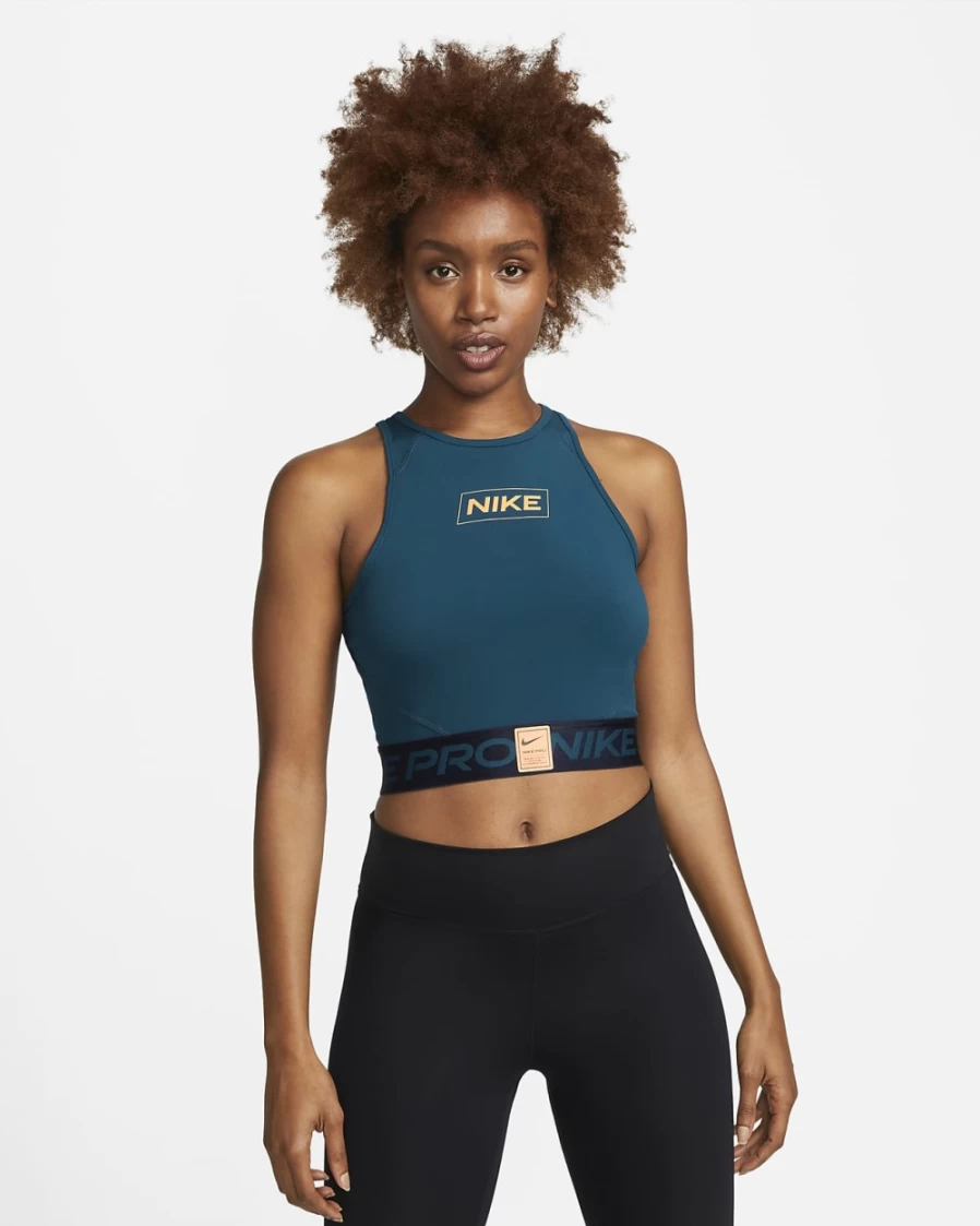 Nike Pro Dri-FIT Women's Graphic Crop Tank - Valerian Blue/Obsidian/Peach Cream Fitness Top