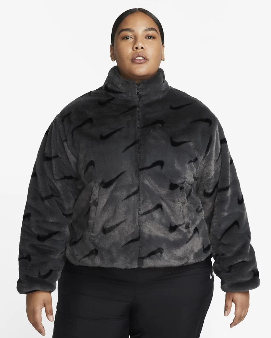 Nike Women's Dark Smoke Grey Faux Fur Jacket - Plus Size Printed Winter Coat