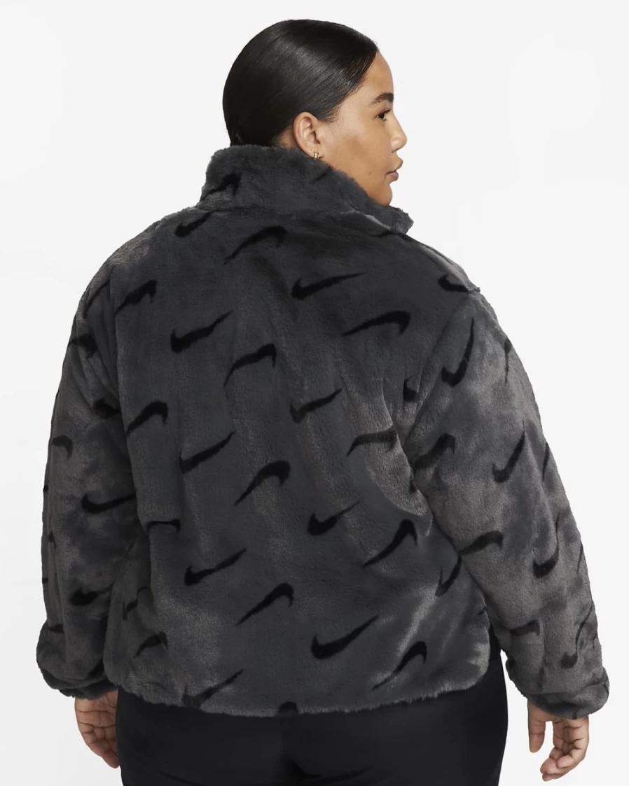 Nike Women's Dark Smoke Grey Faux Fur Jacket - Plus Size Printed Winter Coat