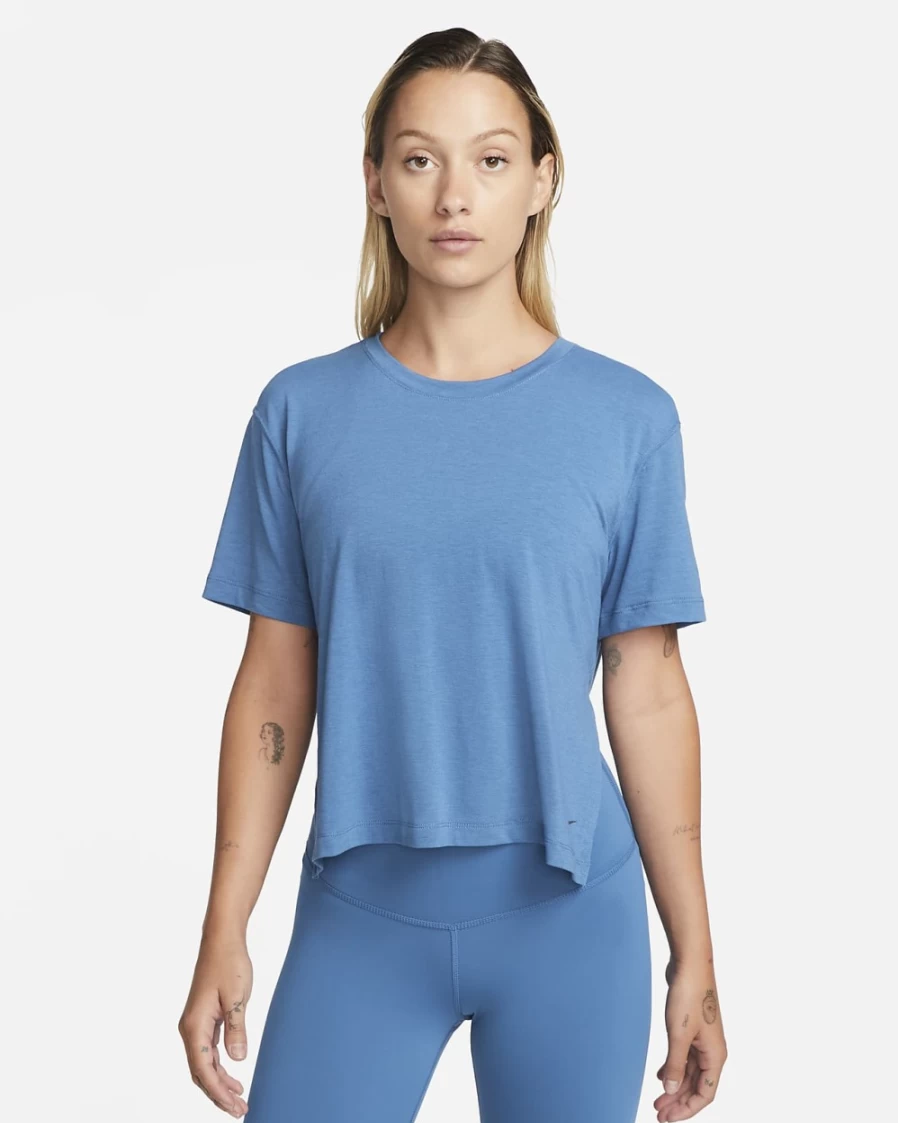 Nike Dri-FIT Women's Yoga Top - Dark Marina Blue & Iron Grey Breathable Workout Shirt