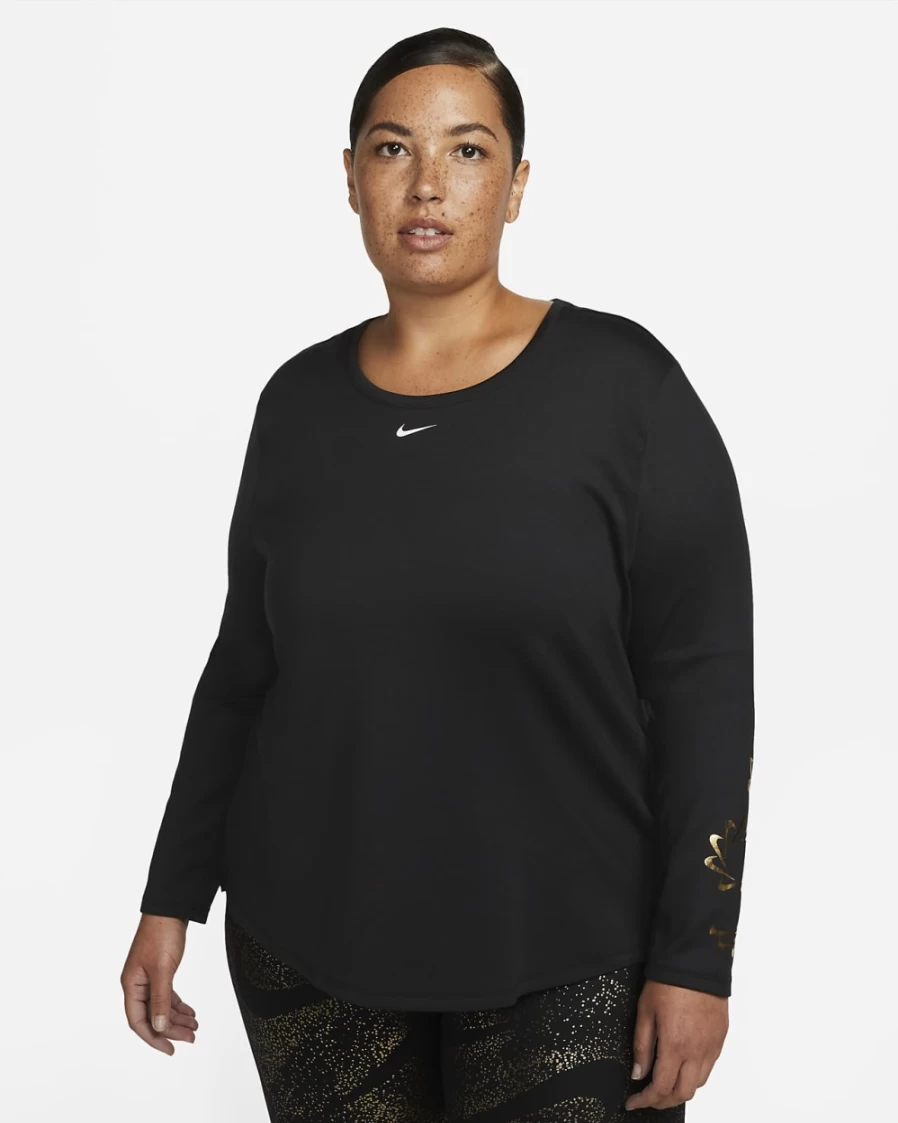 Nike Women's Plus Size Graphic Long-Sleeve Top in Black/Photon Dust/White