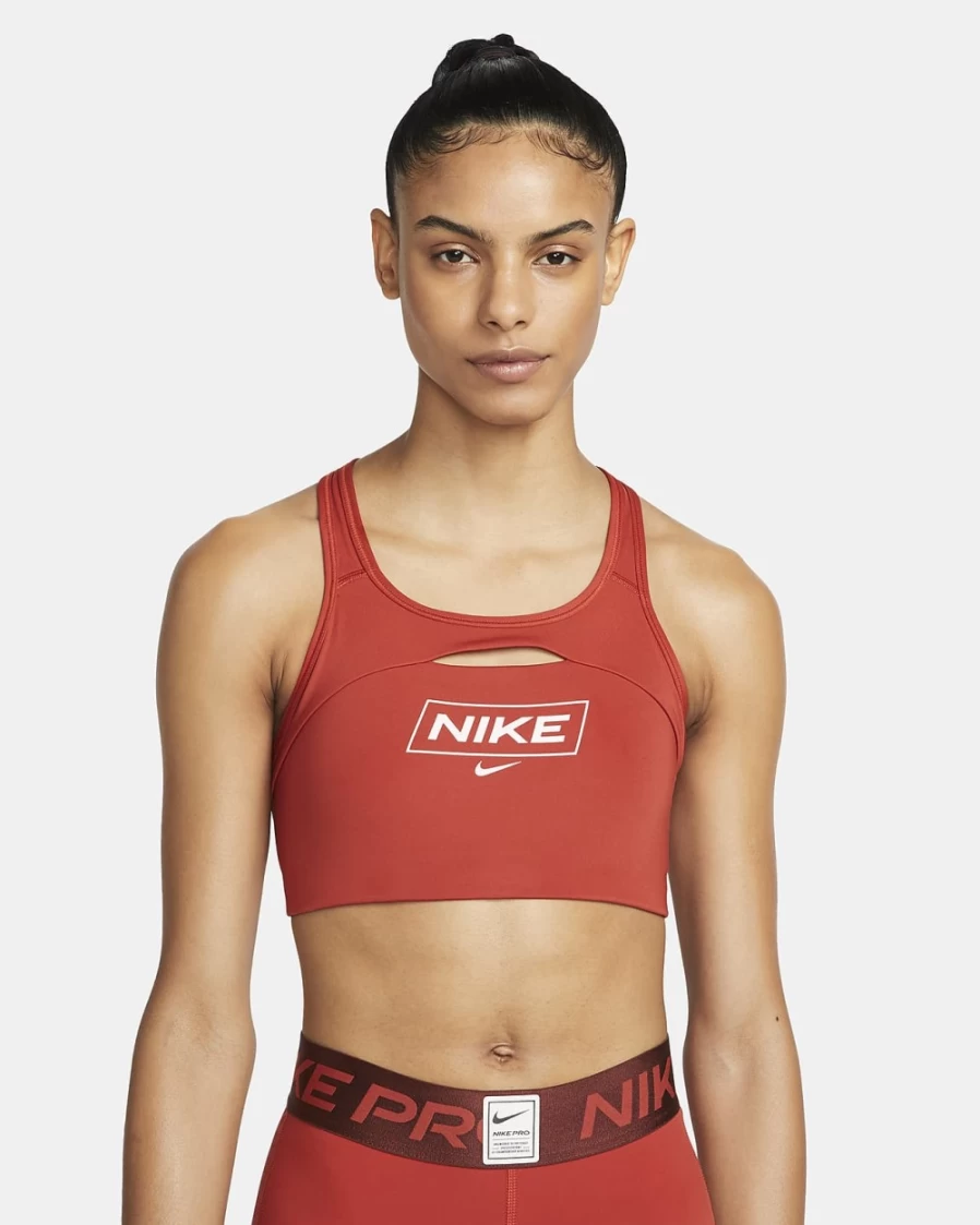 Nike Pro Swoosh Women's Medium-Support Sports Bra - Cinnabar/Oxen Brown/Light Soft Pink Non-Padded Graphic Workout Top