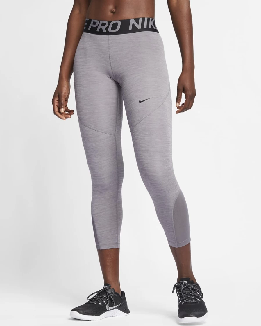 Nike Pro Women's High-Waisted Crop Leggings - Gunsmoke/Heather/Black - Moisture-Wicking Workout Tights for Running & Training