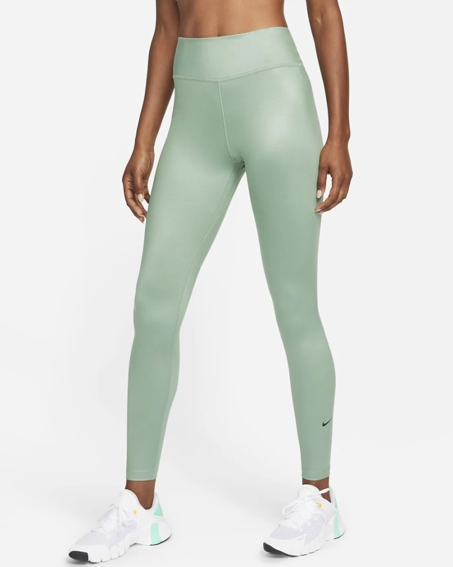 Nike One Women's Mid-Rise Shine Leggings - Jade Smoke/Black - High-Waisted Yoga Pants for Training & Running