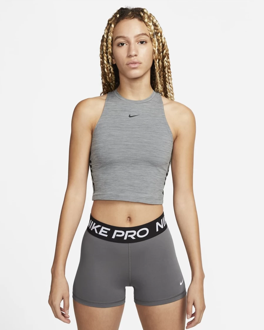 Nike Pro Dri-FIT Women's Cropped Workout Tank Top - Smoke Grey/Pure/Black - Moisture-Wicking Graphic Tee for Training