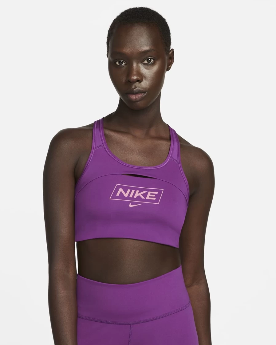 Nike Pro Swoosh Women's Medium-Support Sports Bra - Viotech/Cave Purple/Desert Berry Graphic Design Non-Padded