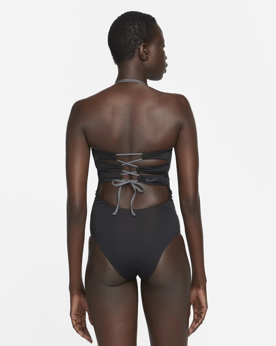 Nike Women's Black Solid Lace-up Bandeau One Piece Swimsuit