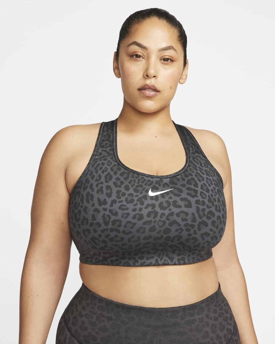 Nike Women's Dark Smoke Grey/White Medium-Support Swoosh Printed Sports Bra - Plus Size Non-Padded Activewear