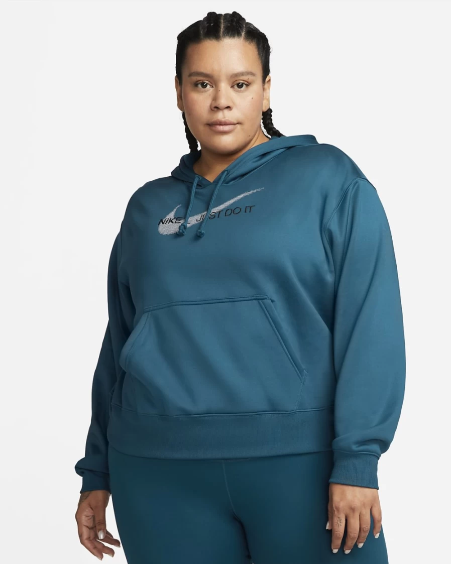 Nike Women's Therma-FIT Graphic Hoodie - Valerian Blue/Black/White - Plus Size Pullover Sweatshirt