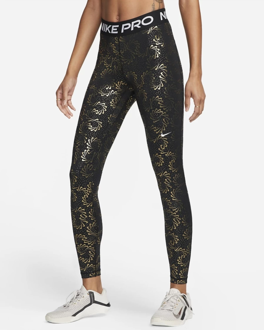 Nike Women's Pro Mid-Rise Leggings - Black/White Allover Print Athletic Tights
