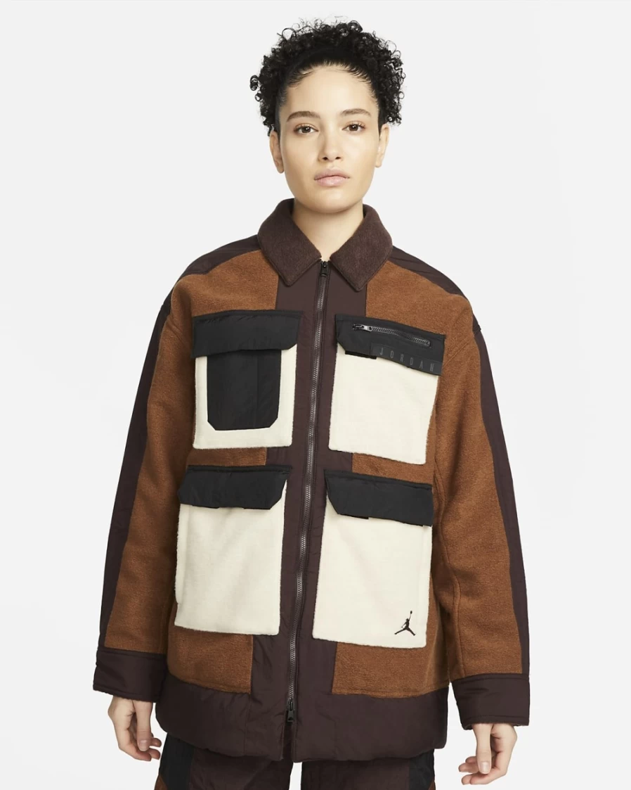 Nike Jordan Cozy Women's Jacket in Pecan, Brown Basalt, and Black Colors