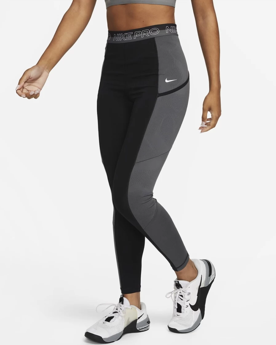 Nike Pro Women's High-Waisted 7/8 Workout Leggings with Pockets - Black, Iron Grey, White Fitness Tights for Training