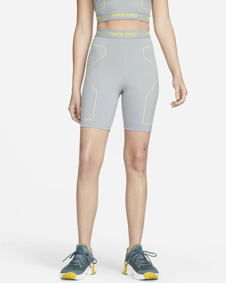 Nike Pro Women's 7" High-Rise Training Shorts in Particle Grey/Atomic Green