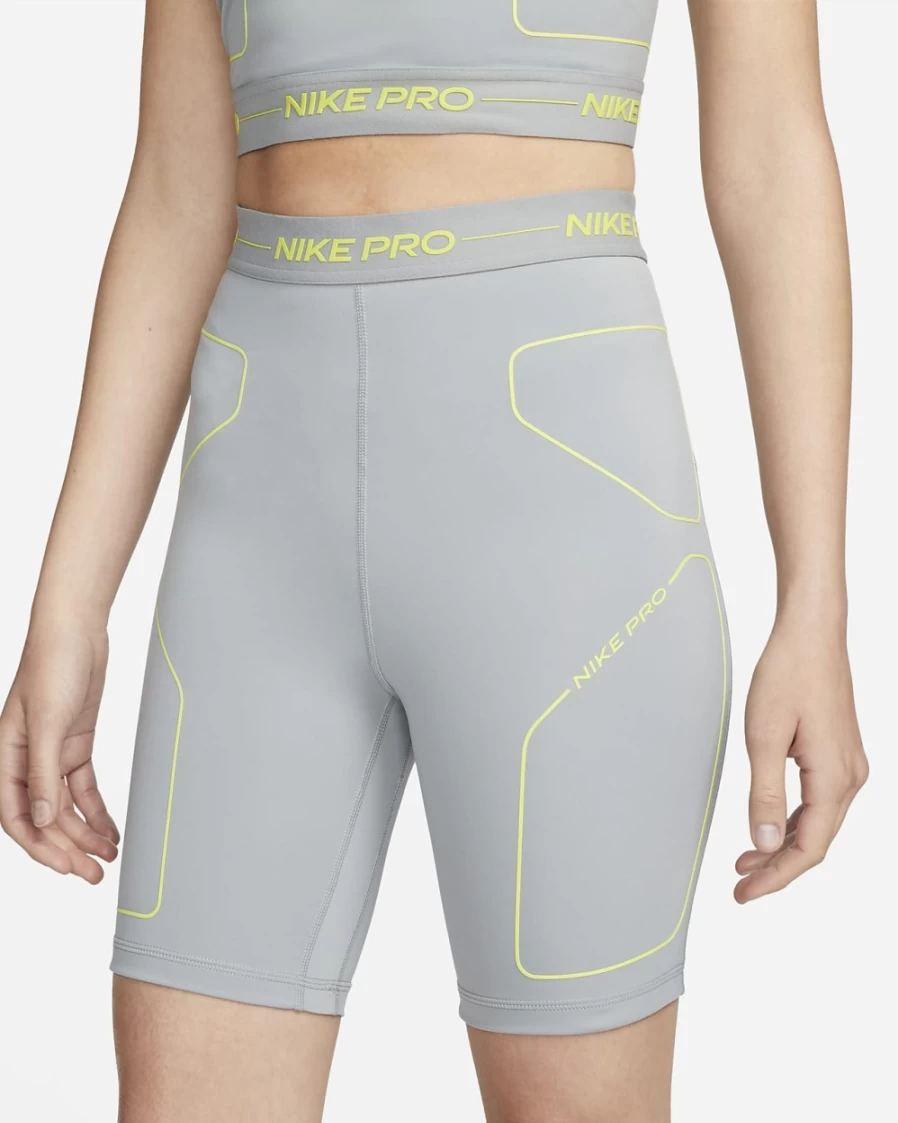 Nike Pro Women's 7" High-Rise Training Shorts in Particle Grey/Atomic Green