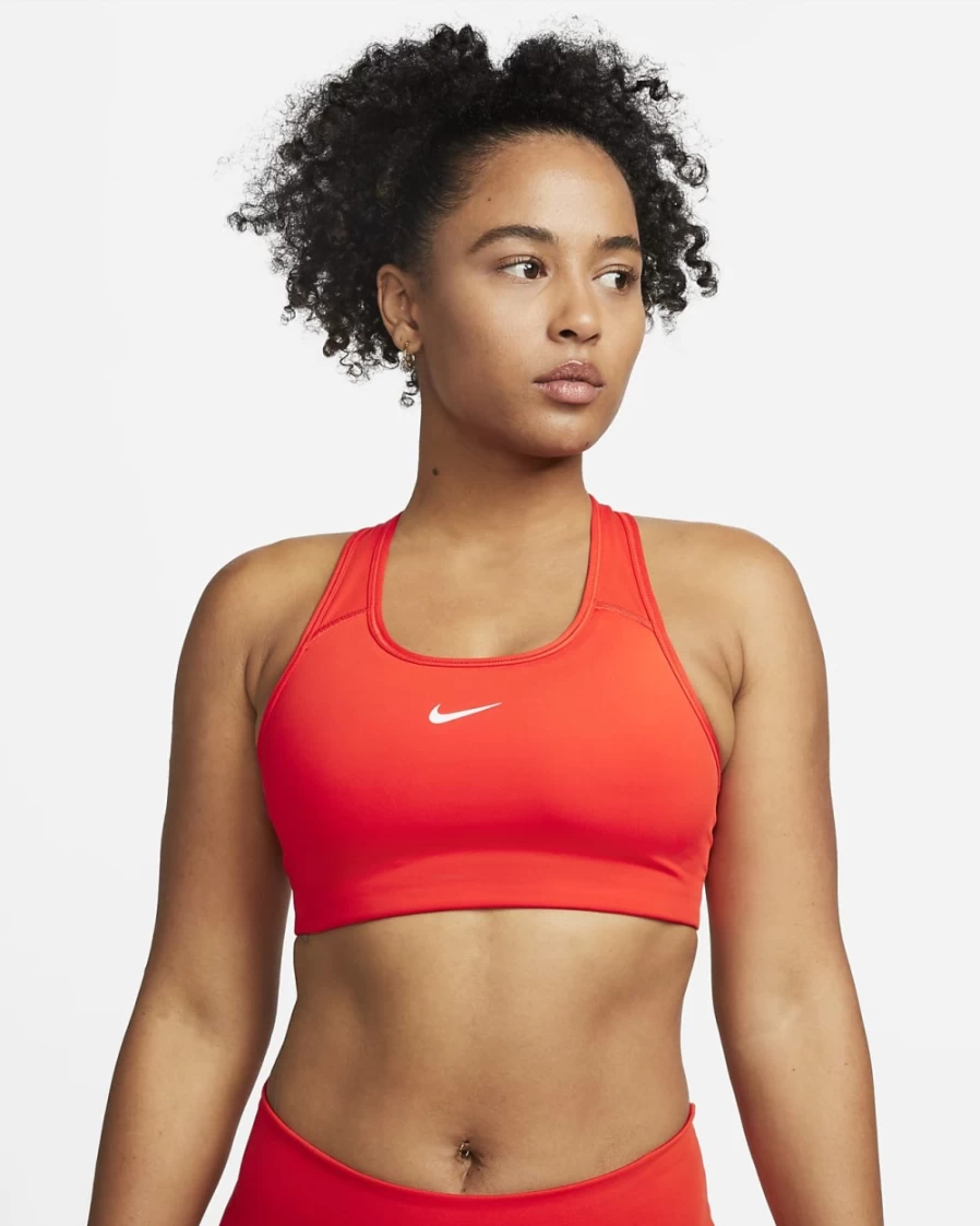 Nike Women's Picante Red/White Medium-Support Swoosh 1-Piece Padded Sports Bra
