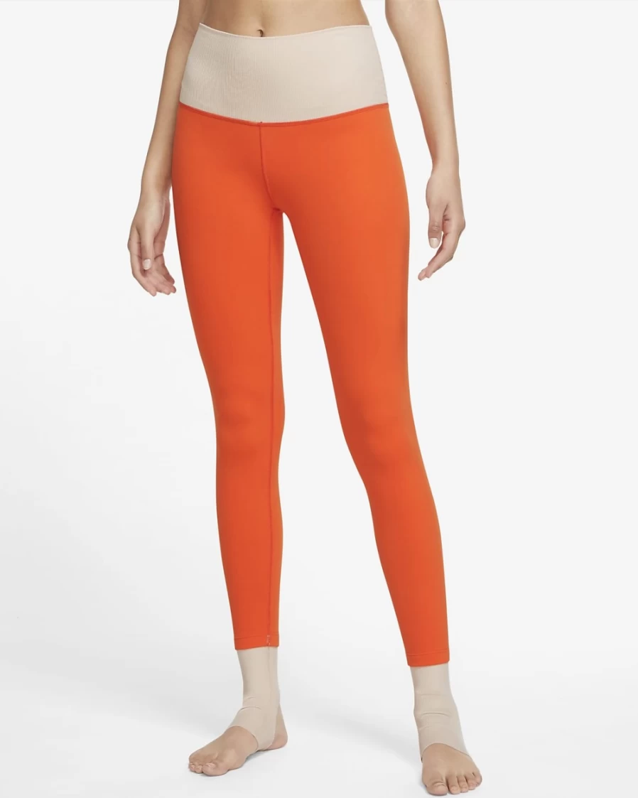 Nike Women's High-Waisted 7/8 Yoga Leggings - Rush Orange/Sanddrift/Iron Grey Color-Block Design