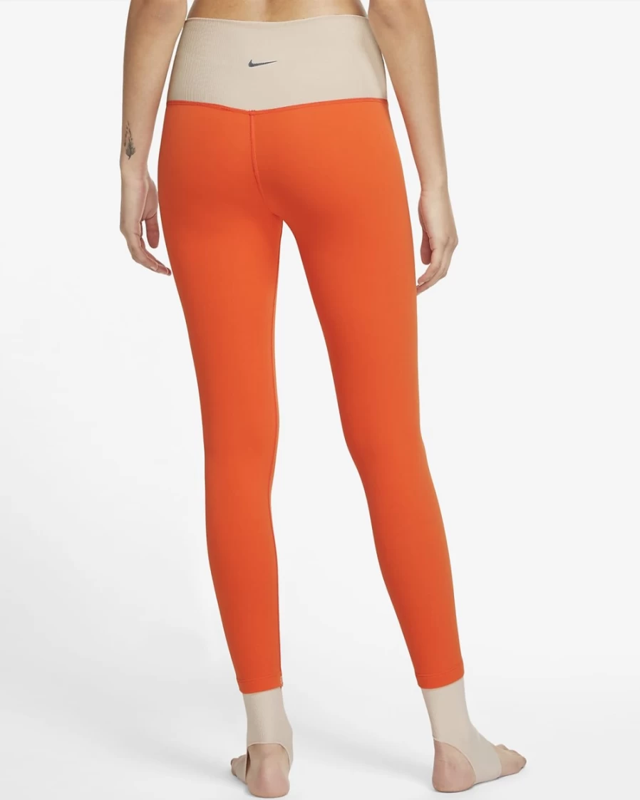 Nike Women's High-Waisted 7/8 Yoga Leggings - Rush Orange/Sanddrift/Iron Grey Color-Block Design