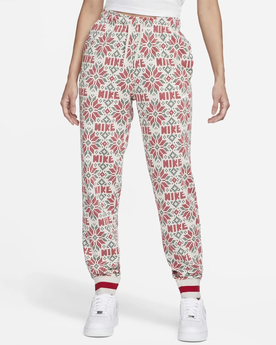 Nike Women's Sportswear Club Fleece Essential Holiday Pants - Light Bone, Gym Red, Noble Green Colors