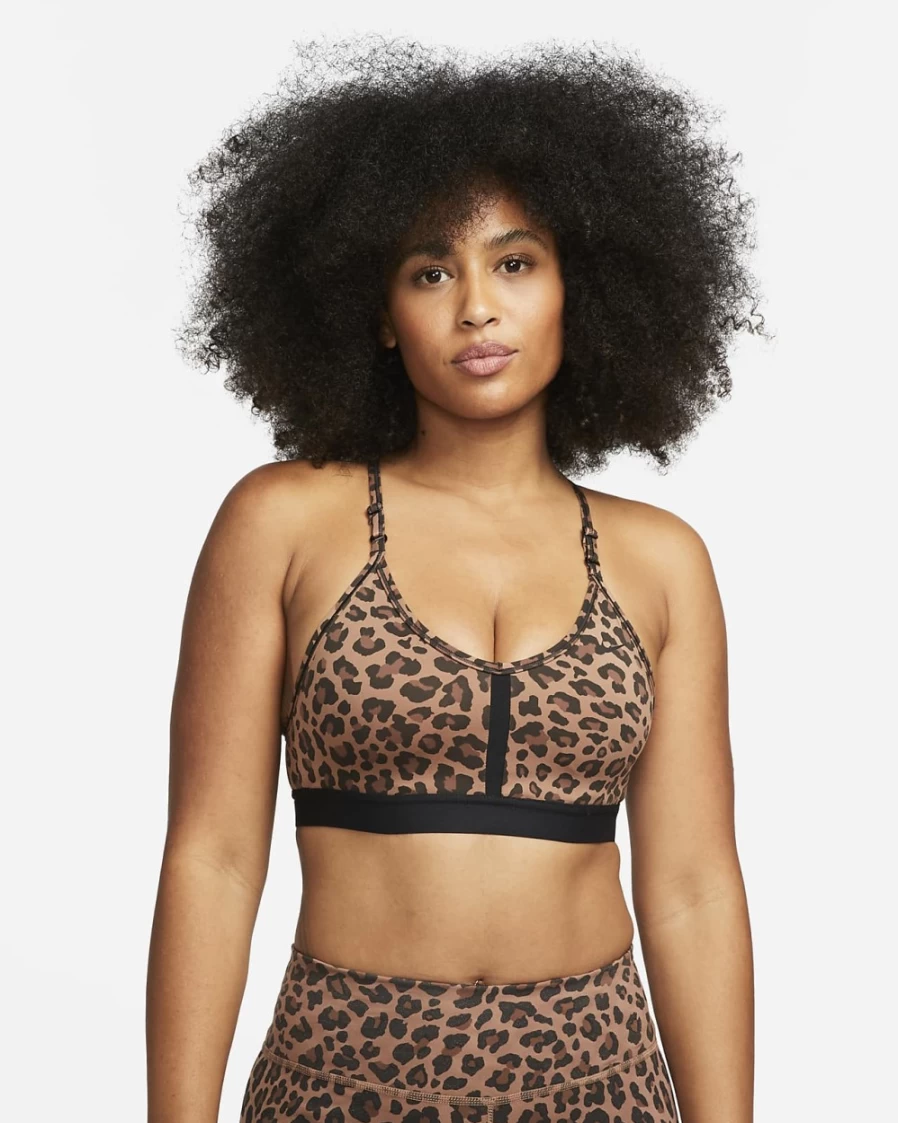Nike Indy Women's Light-Support Sports Bra - V-Neck Leopard Print in Archaeo Brown/Black