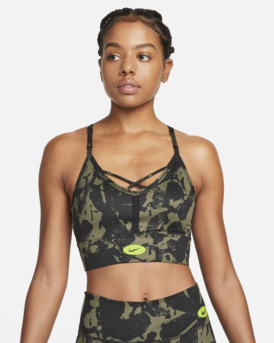 Nike Indy Icon Clash Women's Light-Support Sports Bra - Medium Olive, Black, Atomic Green, Padded, Printed