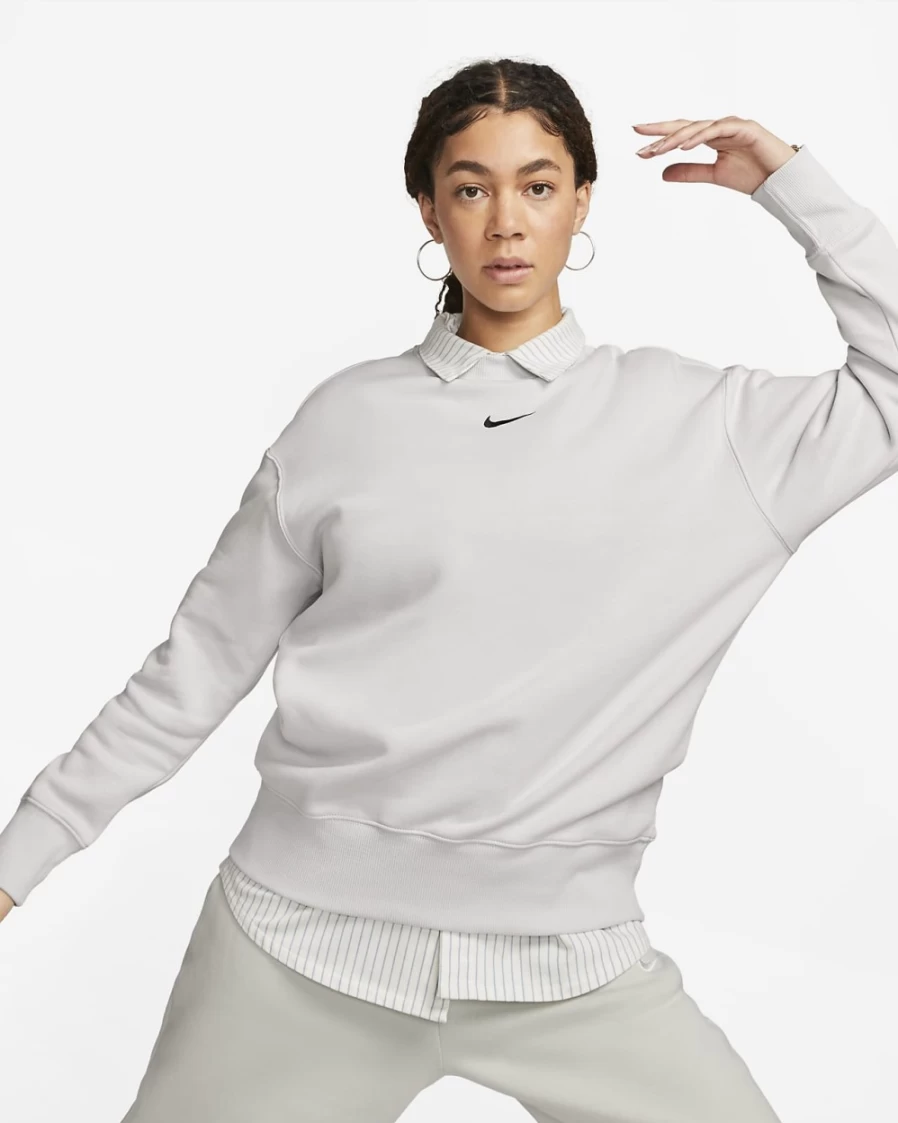 Nike Women's Photon Dust & Black Oversized Phoenix Fleece Crewneck Sweatshirt | Sportswear Collection