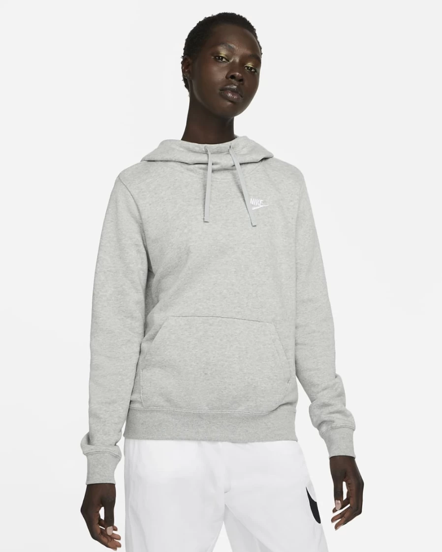 Nike Women's Dark Grey Heather/White Club Fleece Funnel-Neck Hoodie - Sportswear Pullover