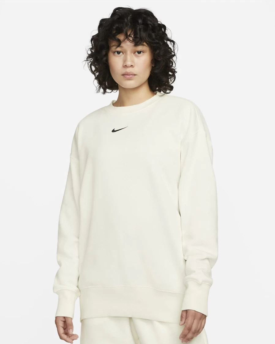 Nike Women's Sail/Black Oversized Phoenix Fleece Crewneck Sweatshirt - Sportswear Comfort