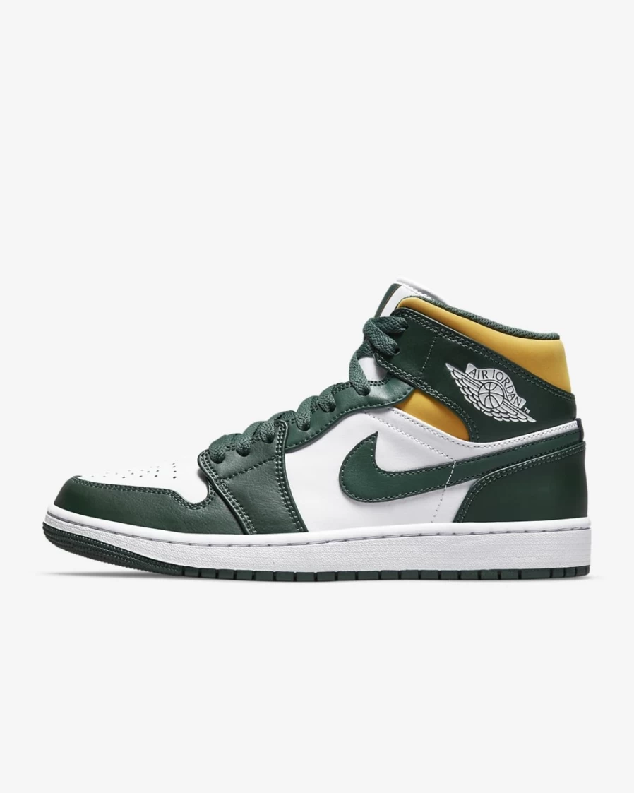 Nike Air Jordan 1 Mid Shoes for Men & Women - Noble Green/White/Pollen Basketball Sneakers