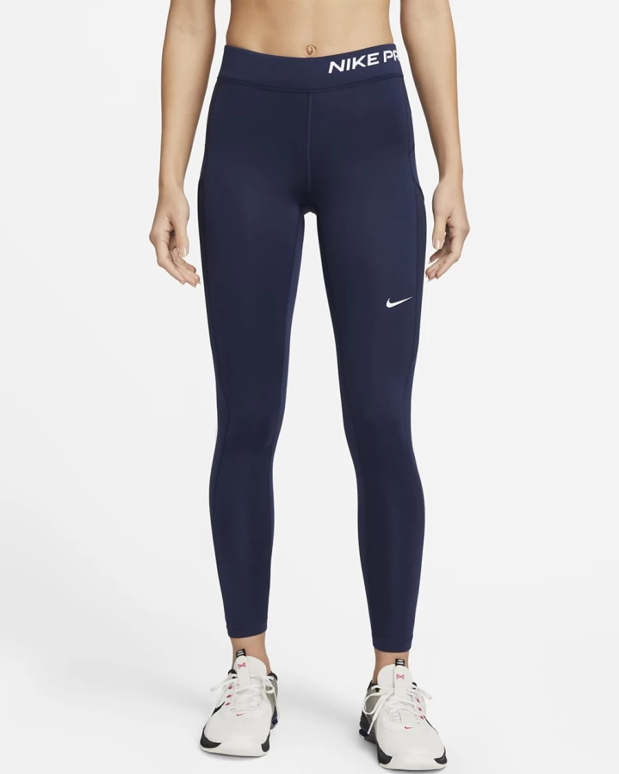Nike Women's Pro Therma-FIT Mid-Rise Leggings with Pockets - Midnight Navy/White
