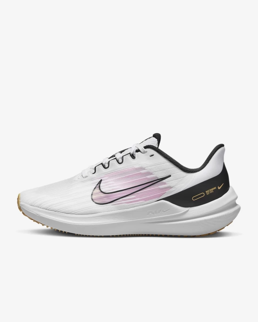 Nike Winflo 9 Women's Road Running Shoes - White/Black/Wheat Gold/Pink Spell - Lightweight Comfort for Women Runners